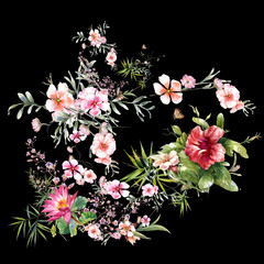 watercolor painting of leaves and flower, on dark background