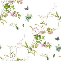 Watercolor painting of leaf and flowers, seamless pattern on white background