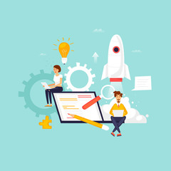 Startup, programmer, business project, idea, project management. Flat design vector illustration.