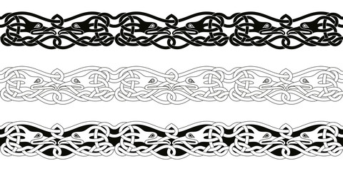 Seamless Celtic national ornament interlaced ribbon and bird head isolated on white background.