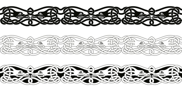 Seamless Celtic national ornament interlaced ribbon and bird head isolated on white background.