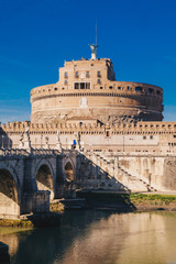 View of Sant Angelo Castle and Sant Angelo Bridge over Tiber River in Rome, Italy