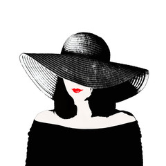 Photo in the style of pop art. Young beautiful woman in a retro black dress and big hat.