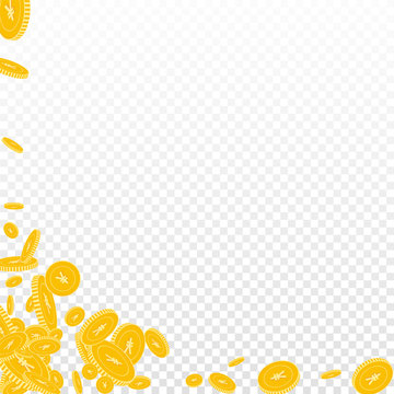 Chinese yuan coins falling. Scattered floating CNY coins on transparent background. Sightly abstract left bottom corner vector illustration. Jackpot or success concept.