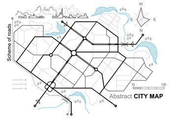 City map. Line scheme of roads. Town streets on the plan. Urban environment, architectural background. Linear architectural sketch general plan. Vector