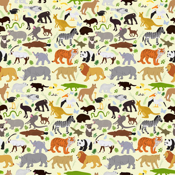 Vector seamless background of various animals with plants on a white background