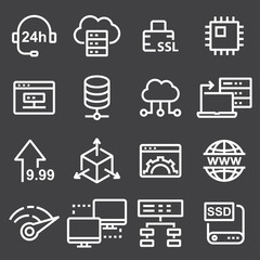 Thin line icons set of hosting and cloud computing networks concepts