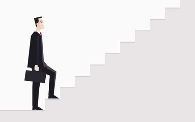 Fototapeta premium businessman walking up stair and holding briefcase in flat icon design on grey color background