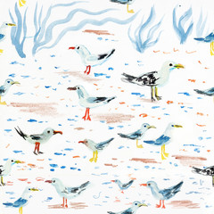Seamless animal pattern, Seagulls sketch isolated on white background, Hand drawn watercolor illustration, decorative texture, cute backdrop for design touristic postcard, wallpaper, textile, fabric