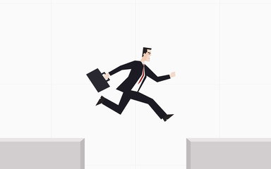 businessman holding briefcase and jumping over chasm in flat icon design on grey color background