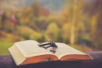 Vintage keys on a open book with colorful autumn background