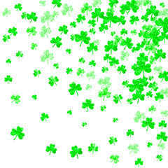 St patricks day background with shamrock. Lucky trefoil confetti. Glitter frame of clover leaves. Template for party invite, retail offer and ad. Festive st patricks day backdrop.