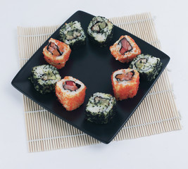 different types of Maki sushi on a black plate