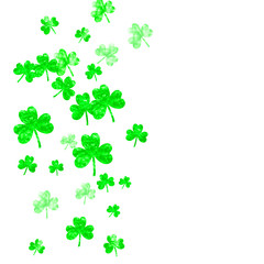 Clover background for Saint Patricks Day. Lucky trefoil confetti. Glitter frame of shamrock leaves. Template for flyer, special business offer, promo. Merry clover background.