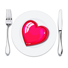 red heart on white plate, metal knife and fork