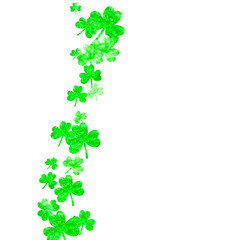 Clover background for Saint Patricks Day. Lucky trefoil confetti. Glitter frame of shamrock leaves. Template for party invite, retail offer and ad. Irish clover background.
