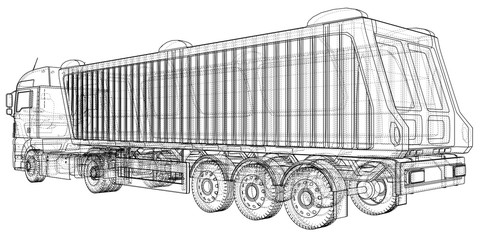 Dump truck. Isolated. Created illustration of 3d. Wire-frame