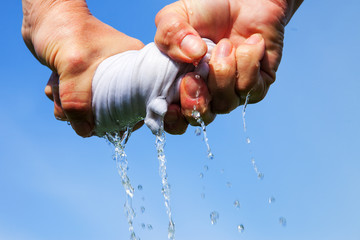 Squeezing of wet cloth.