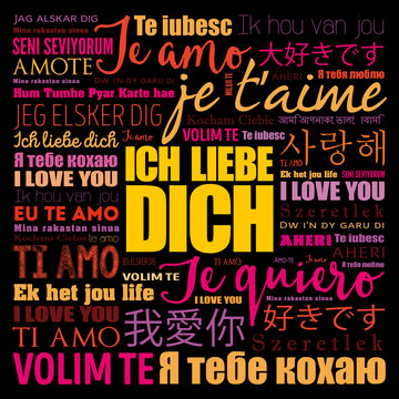 ICH LIEBE DICH (I Love You in German) in different languages of the world, word cloud background
