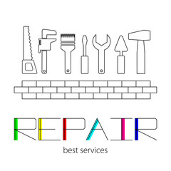 Logo of Repair Home with colorful lettering on the white background. Set of remodeling tools and brick wall.  Stock vector. Flat design. Vector illustration EPS10.