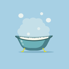 Bathtub full of foam with bubbles in bathroom isolated on background. Comfortable equipment for bathing and relaxing. Vector flat illustration