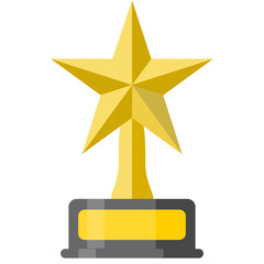 Gold trophy star for first, 1st place isolated on white background. Glossy award, golden prize for champion, winner. Reward in competition. Success, achievement concept. Vector flat icon.