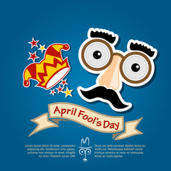 April Fools Day card with jester hat and funny glasses. Vector illustration