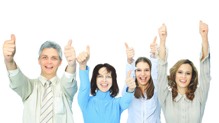 Obraz premium Beautiful businesswoman holding a hand with fingers upwards.
