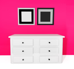 interior with two empty photo frame  and dresser near pink wall. 3d illustration