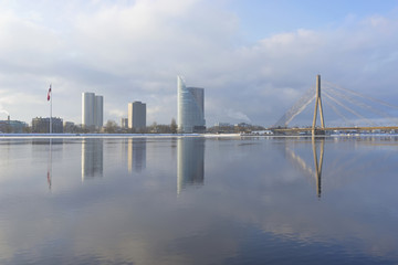City of Riga at the Daugava river in winter