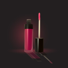 Pink lip gloss on a dark background. Beauty industry. Decorative cosmetic. Vector illustration.