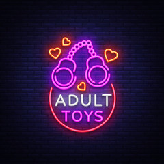 Adult toys logo in neon style. Design template, sex shop neon signs, light banner on the theme of the sex industry, vivid neon ad for your projects. Vector illustration