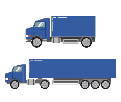 Set of trucks trailer.Commercial cargo delivering vehicle.Car on road in flat.Semi truck isolated on white background.Vector template.Side view.Postal service icon design. Transportation of freights