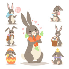 Easter rabbit vector holiday bunny rabbit and Easter eggs pose cute happy spring adorble rabbit animal illustration happy family celebration