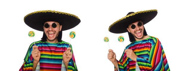 Handsome man in vivid poncho holding lollypop isolated on white
