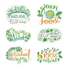 Eco vector organic labels, bio emblems for stickers and restaurants menu, natural products packaging.