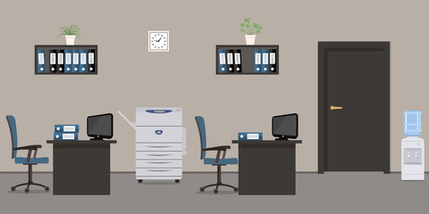 Office room in a gray color. There are black desks, blue chairs, a copy machine, a water cooler, computers, shelves with folders and other objects in the picture. Vector flat illustration.