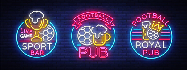 Sports bar collection of logos in neon style. Set neon signs, soccer fan club, light banner label beer and soccer ball or bowl for live gaming tournaments or championships team. Vector illustration