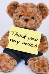 Teddy bear holding a sign that reads Thank you very much isolated on white background