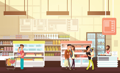 People shopping in grocery store. Supermarket retail interior with customers flat vector illustration