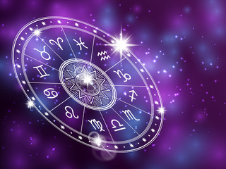 Fototapeta na wymiar Horoscope circle on shiny backgroung - space backdrop with white astrology circle