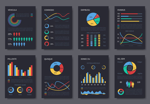 Multipurpose business infographic vector brochure template for presentation. Charts, diagrams and infographics elements on dark pages