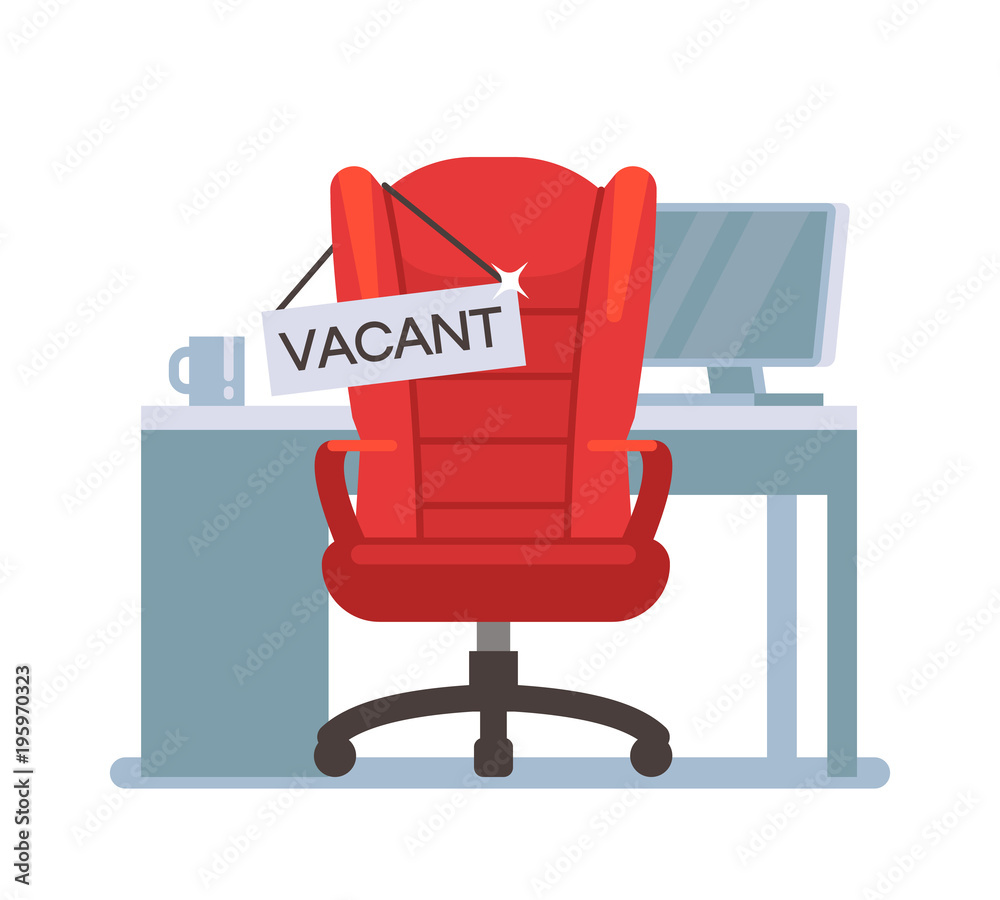 Wall mural empty office chair with vacant sign. employment, vacancy and hiring job vector concept