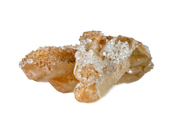 Macro shooting of natural gemstone. Raw mineral quartz. Isolated object on a white background.