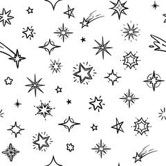 Hand drawn sky with doodle stars vector seamless background. Grunge outer space repeating pattern