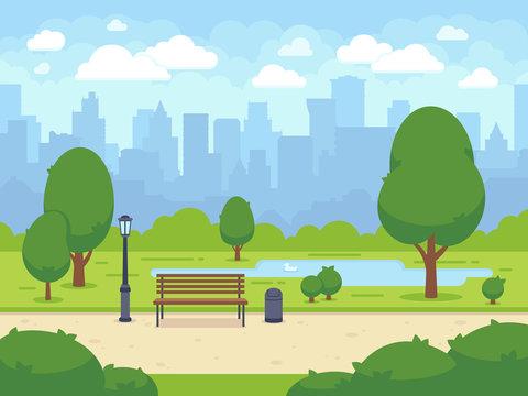 City summer park with green trees bench, walkway and lantern. Cartoon vector illustration