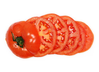Fresh red tomato slices isolated on white background, top view