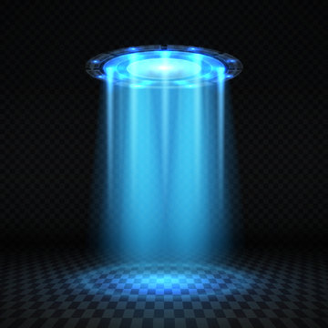 Ufo blue light beam, futuristic alien spaceship isolated vector illustration