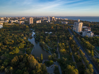 Aerial shot of Victory Park in Odessa at sunsrise