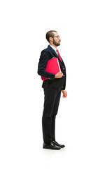 Full body portrait of businessman with folder on white